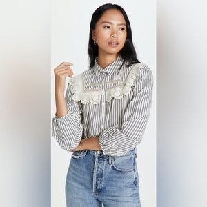 NWT ba&sh Anael Striped Button Down Shirt with Cream Lace Accents